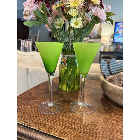 Pier‎ 1 Imports Lime Green Martini Glasses 8” Entertaining Retro Style - Picture 1 of 4